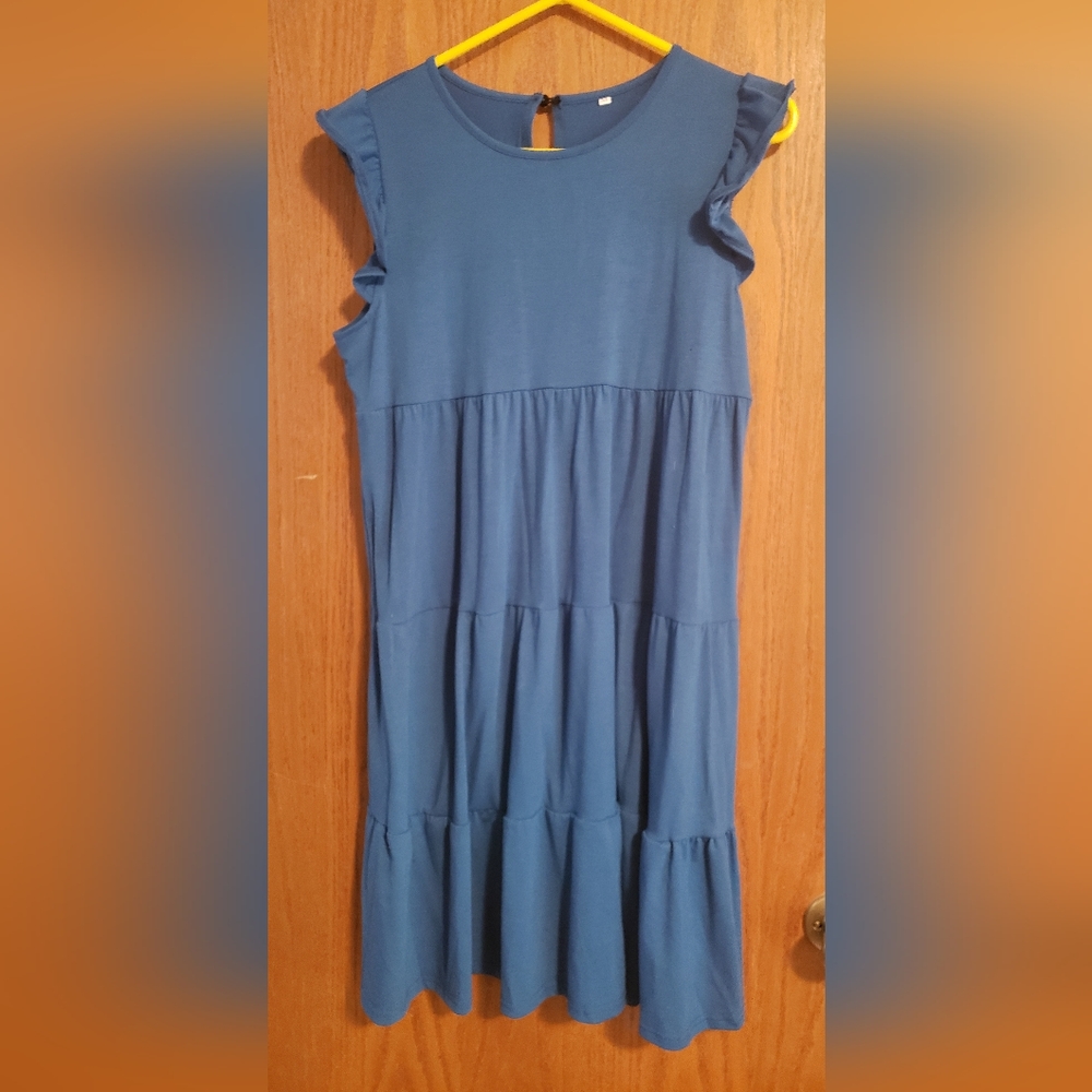 NWOT Dark Teal Blue Tiered Dress Flutter Sleeve Medium